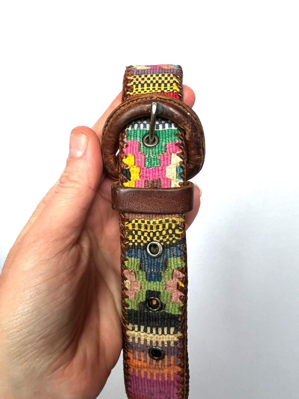 Boho Woven Leather Belt Southwestern Tribal Pattern Vintage Artisan Style